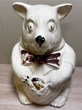 Mccoy White Ceramic Bear Cookie Jar with Red Bow tie Holding Cookie